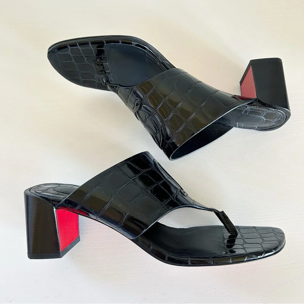 Christian Louboutin Tongamule Black Croc Embossed CL Logo Block Heels Size EU 39 - Picture 9 of 13